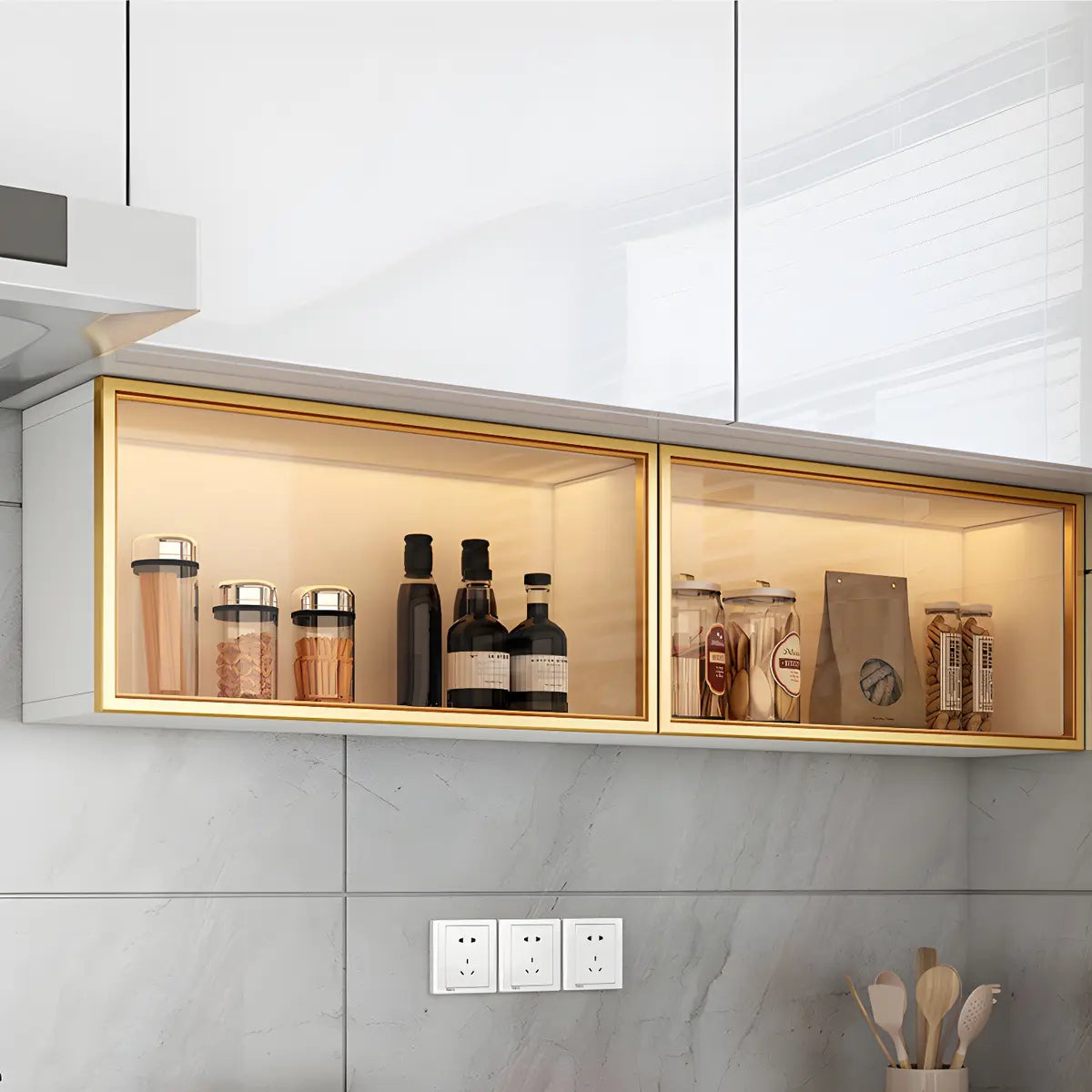 Wandkast Glas Deur Hout Wit Grijs 5 Maten LED Keuken Woonkamer Vitrinekast
