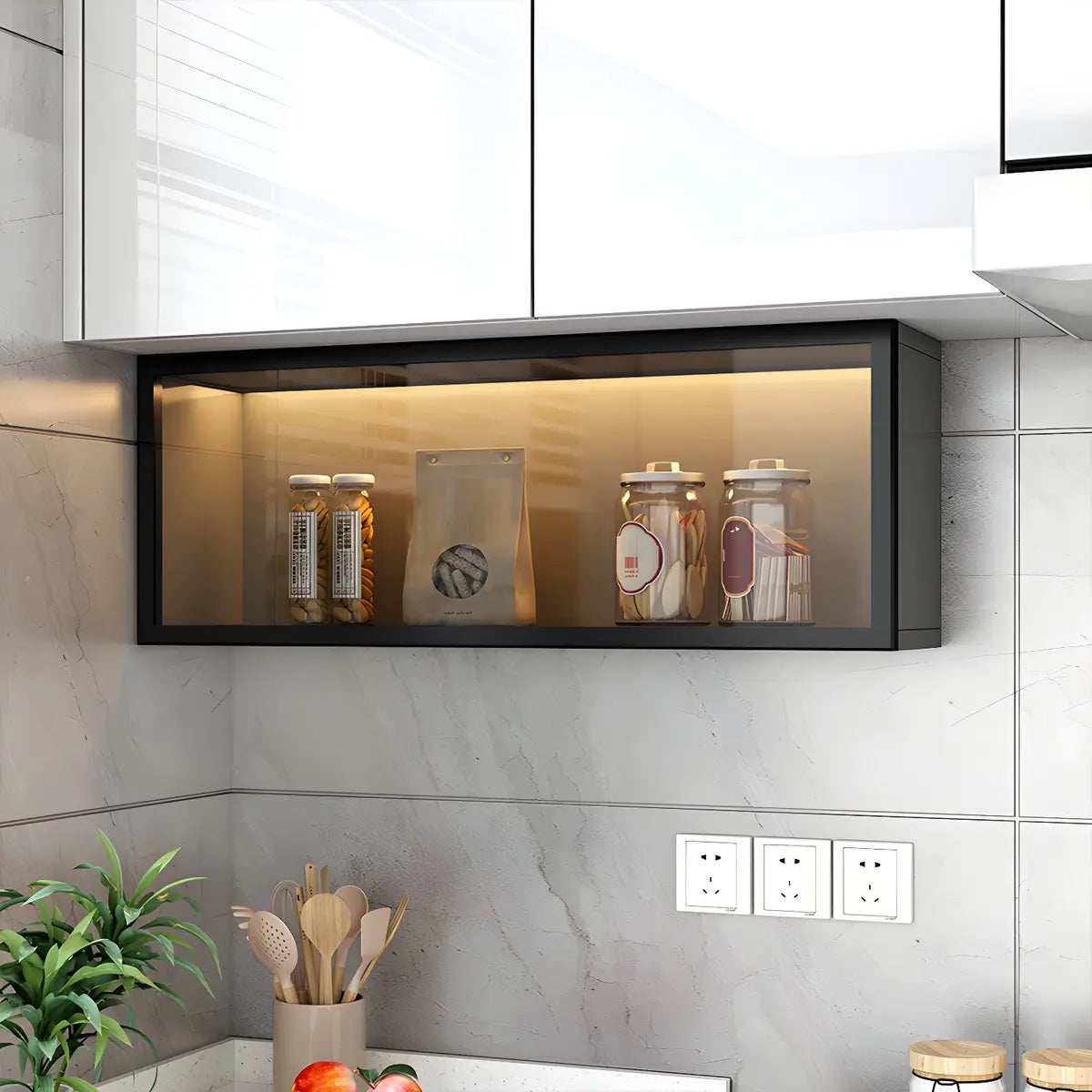 Wandkast Glas Deur Hout Wit Grijs 5 Maten LED Keuken Woonkamer Vitrinekast