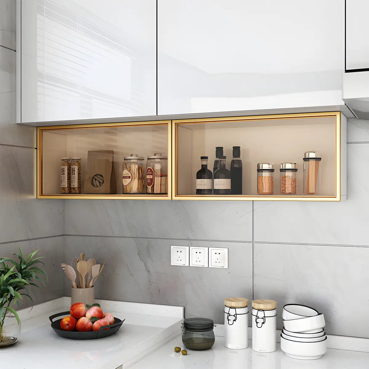 Wandkast Glas Deur Hout Wit Grijs 5 Maten LED Keuken Woonkamer Vitrinekast