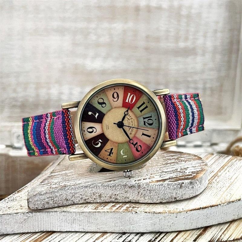 Polshorloge met Gevlochten Band Regenboogpatroon Vintage Brons Verstelbaar Dameshorloge 3.5cm Kwarts