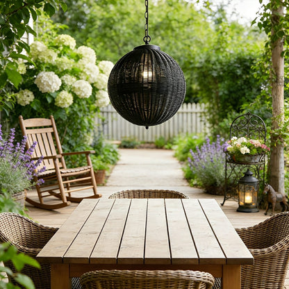 Hanglamp Buiten Rotan Zwart E27 Tuin Retro Ronde Buitenlamp Verstelbaar Snoer Patio Veranda Buitenverlichting Landelijk