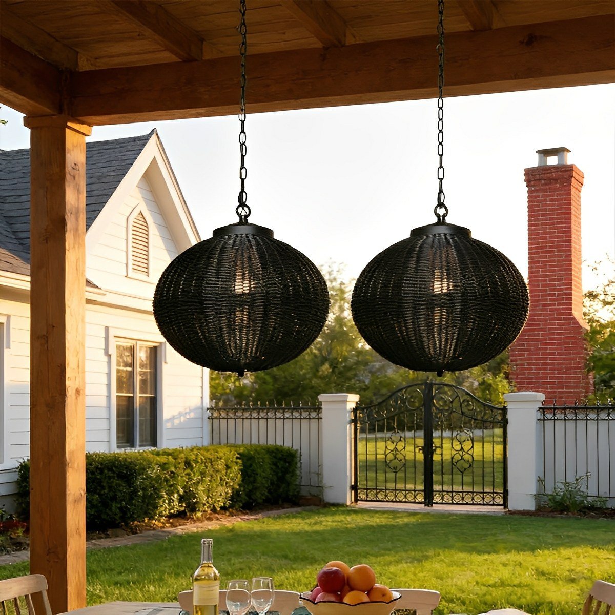 Hanglamp Buiten Rotan Zwart E27 Tuin Retro Ronde Buitenlamp Verstelbaar Snoer Patio Veranda Buitenverlichting Landelijk