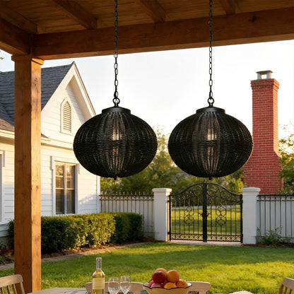 Hanglamp Buiten Rotan Zwart E27 Tuin Retro Ronde Buitenlamp Verstelbaar Snoer Patio Veranda Buitenverlichting Landelijk