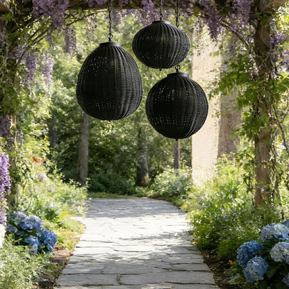Hanglamp Buiten Rotan Zwart E27 Tuin Retro Ronde Buitenlamp Verstelbaar Snoer Patio Veranda Buitenverlichting Landelijk