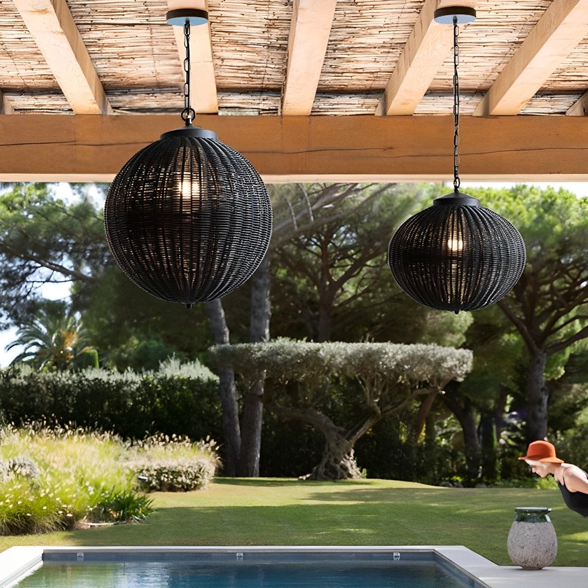 Hanglamp Buiten Rotan Zwart E27 Tuin Retro Ronde Buitenlamp Verstelbaar Snoer Patio Veranda Buitenverlichting Landelijk