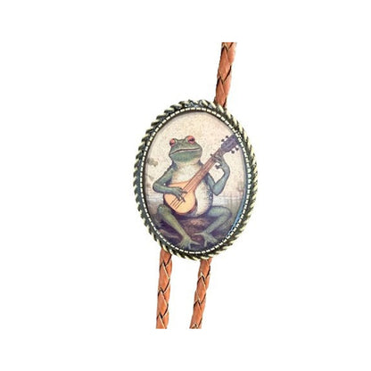 Western Bolo Tie met Kikker en Banjo Motief – Verstelbaar Leren Stropdas voor Authentieke Cowboystijl