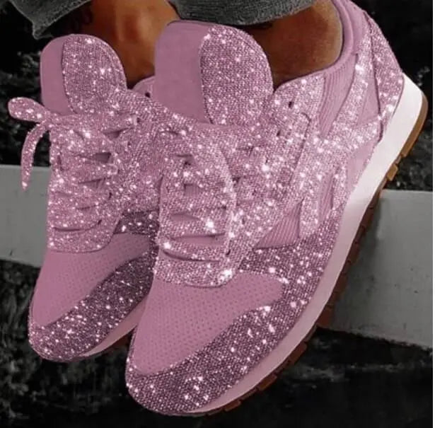 Glitter Sneakers Dames met Veters Casual Sportschoenen Glanzende Afwerking Comfortabel voor Dagelijks Gebruik