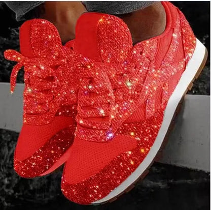 Glitter Sneakers Dames met Veters Casual Sportschoenen Glanzende Afwerking Comfortabel voor Dagelijks Gebruik