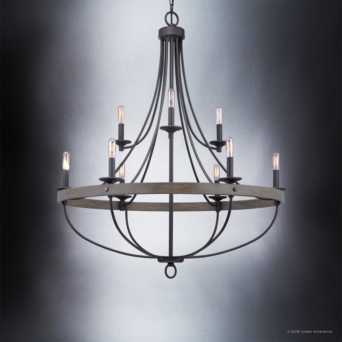 Kroonluchter Industrieel Rond Houtlook Staal Charcoal 90cm 9 Lichts