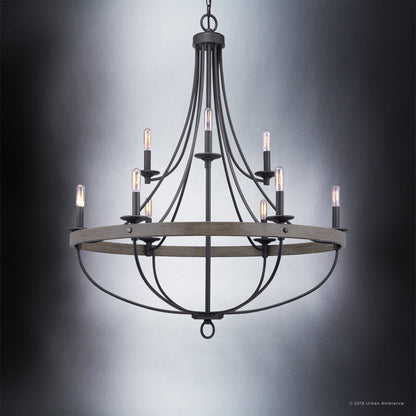 Kroonluchter Industrieel Rond Houtlook Staal Charcoal 90cm 9 Lichts