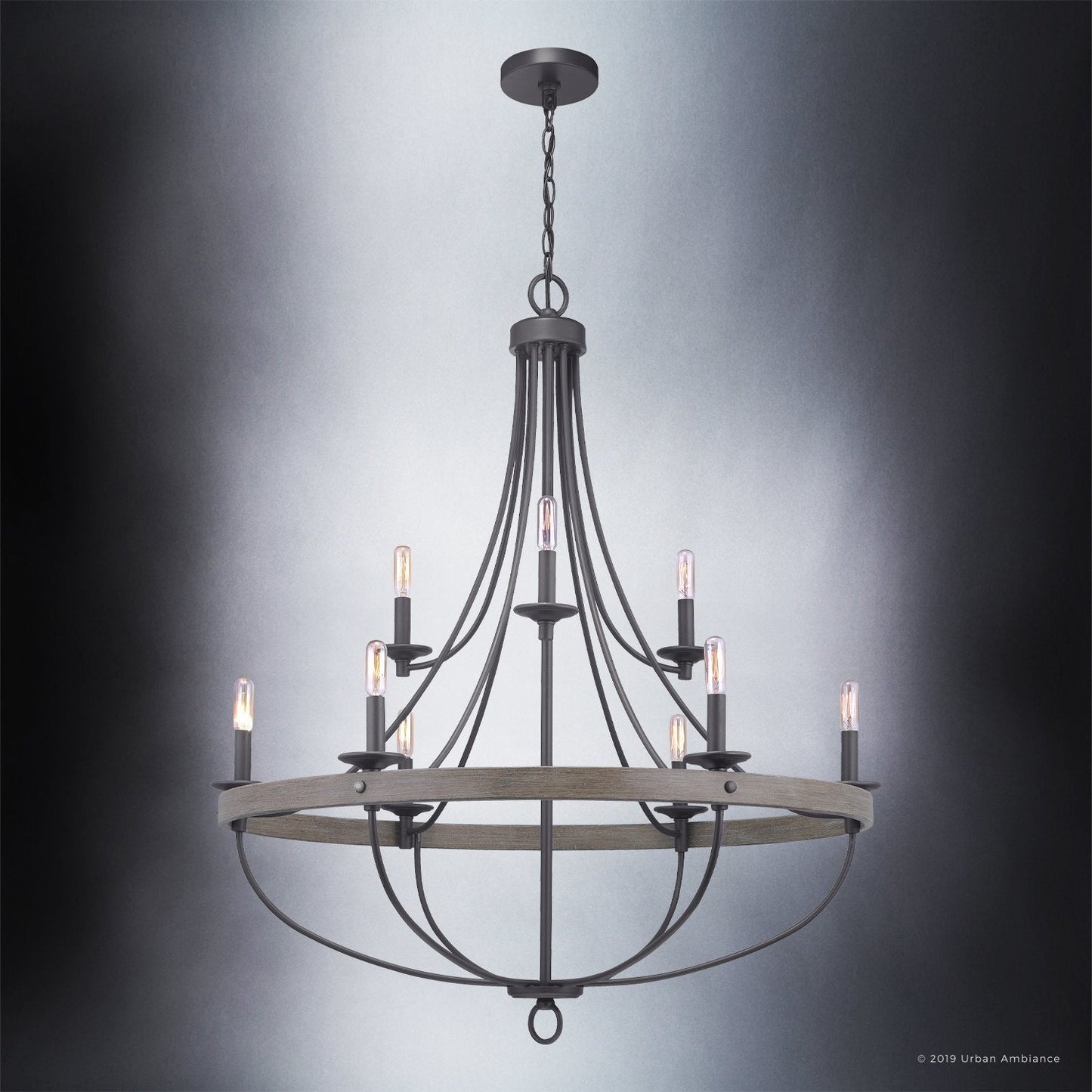Kroonluchter Industrieel Rond Houtlook Staal Charcoal 90cm 9 Lichts
