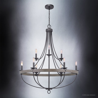 Kroonluchter Industrieel Rond Houtlook Staal Charcoal 90cm 9 Lichts