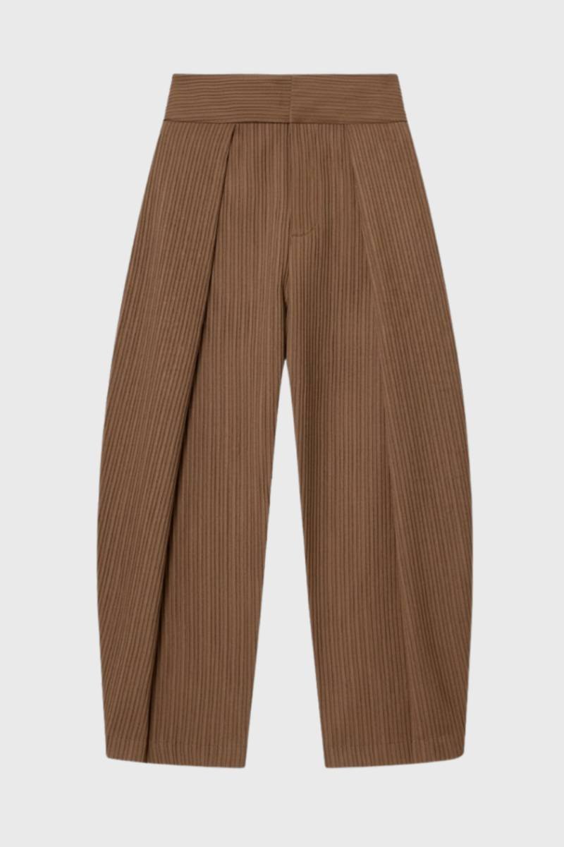 Wijde Broek Dames - Elegant Plissé met Hoge Taille | Chique — Gestreept Camel