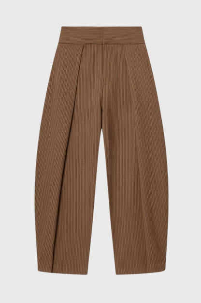 Wijde Broek Dames - Elegant Plissé met Hoge Taille | Chique — Gestreept Camel