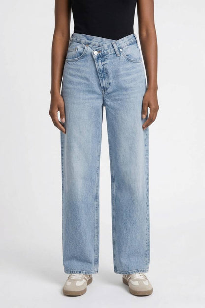 Wijde Broek Dames - Hoge Taille met Diagonale Gesp | Casual — Lichtblauw