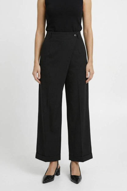 Wijde Broek Dames - Hoge Taille met Overlapping | Elegant — Zwart