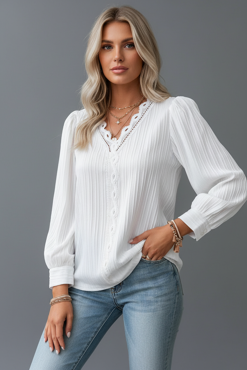 Vrouwelijke Blouse met Kant en V-Hals - StudioMarella