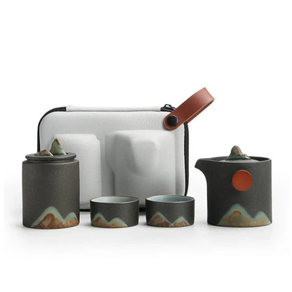 Reis Theeset Japans Keramiek Met Theepot Kopjes Reistas Berglandschap Compact