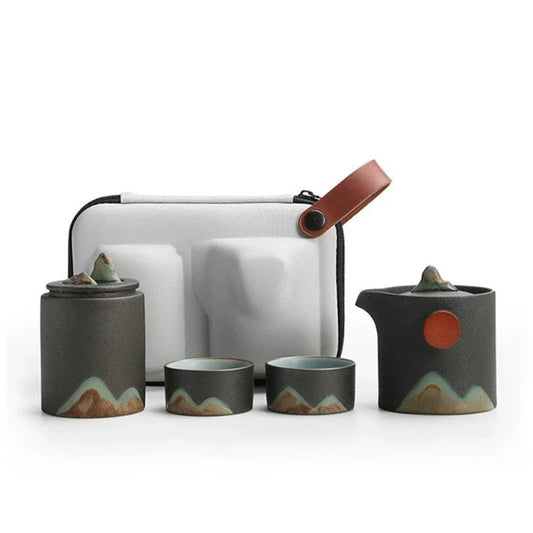 Reis Theeset Japans Keramiek Met Theepot Kopjes Reistas Berglandschap Compact