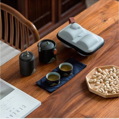 Reis Theeset Japans Keramiek Met Theepot Kopjes Reistas Berglandschap Compact