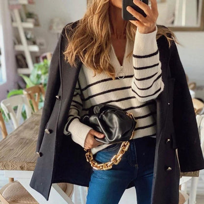 Gestreepte Kwart Zip Sweater Zacht en Stijlvol
