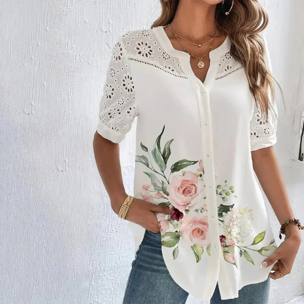 Vrouwelijke Blouse Kortemouwen met Kanten Details