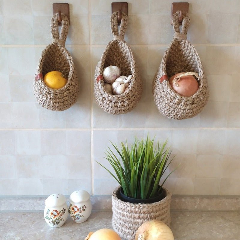 Gevlochten Hangmandjes van Henneptouw – Wandopberging Groenten & Fruit – Handgemaakt Boho Design