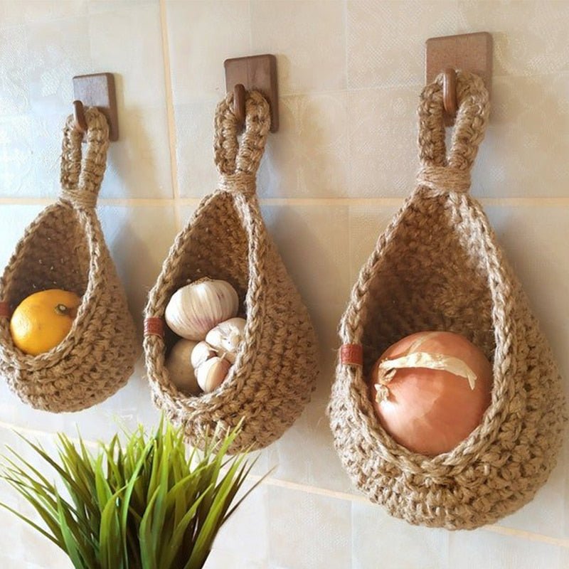 Gevlochten Hangmandjes van Henneptouw – Wandopberging Groenten & Fruit – Handgemaakt Boho Design