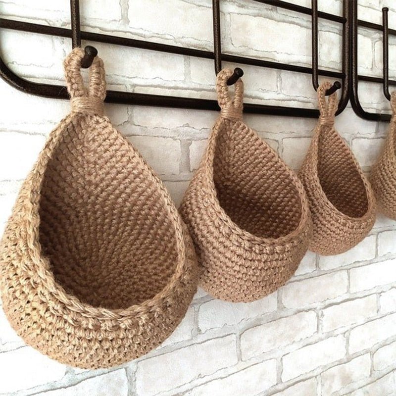 Gevlochten Hangmandjes van Henneptouw – Wandopberging Groenten & Fruit – Handgemaakt Boho Design