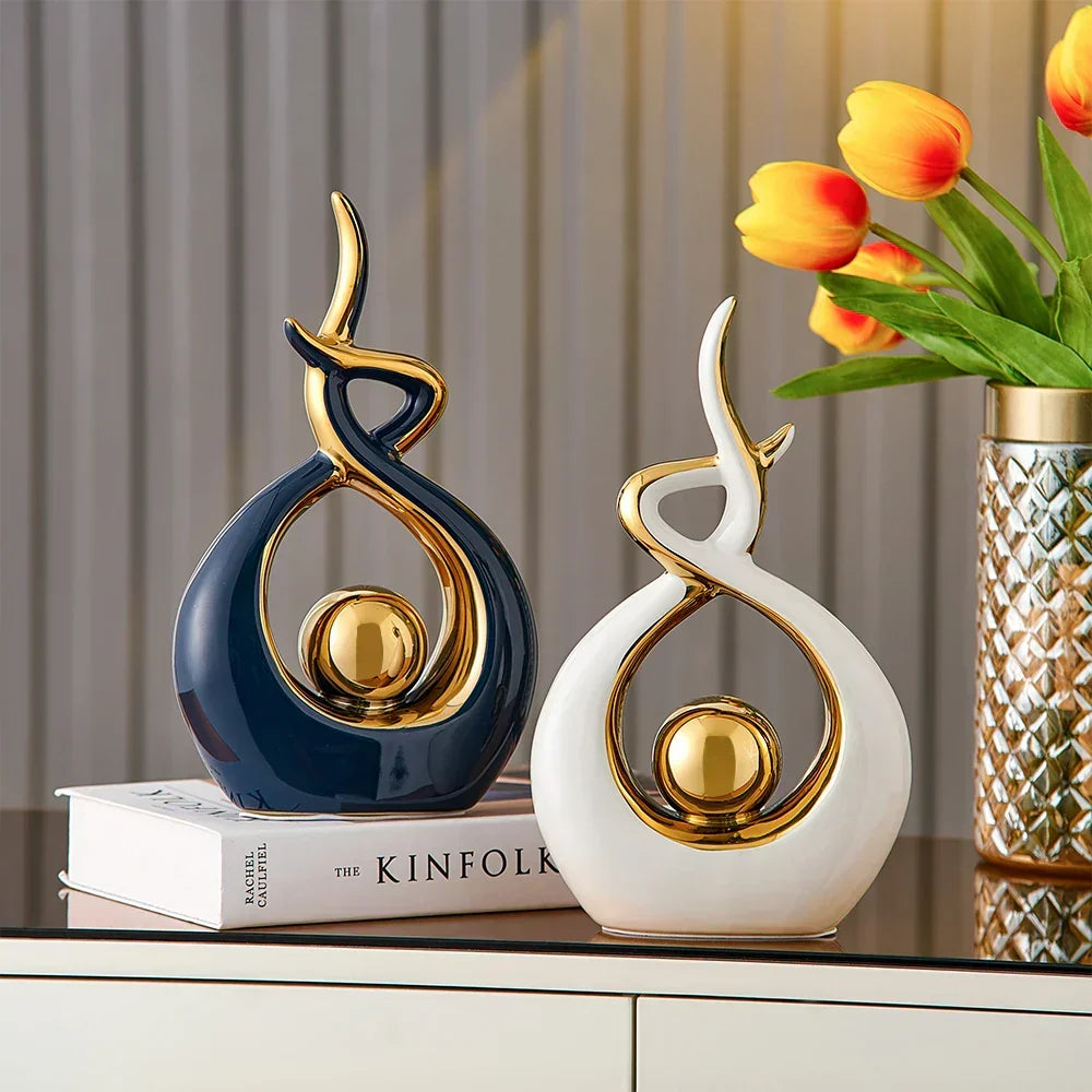 Decoratieve Sculptuur Keramiek Goud Groen Abstract 31cm Woonkamer Tafel Beeld Modern Kunstobject Interieur Decoratie