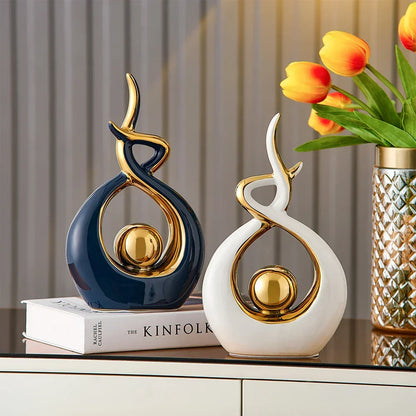 Decoratieve Sculptuur Keramiek Goud Groen Abstract 31cm Woonkamer Tafel Beeld Modern Kunstobject Interieur Decoratie
