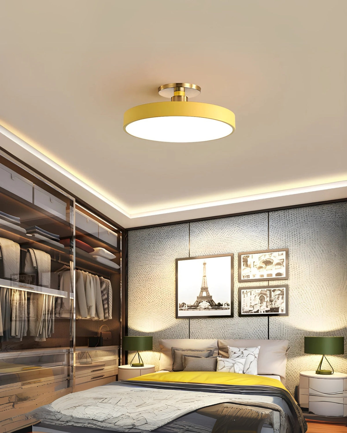 Moderne ronde plafondlamp met goud detail en acryl diffuser – minimalistische semi flush design verlichting voor woonkamer en slaapkamer