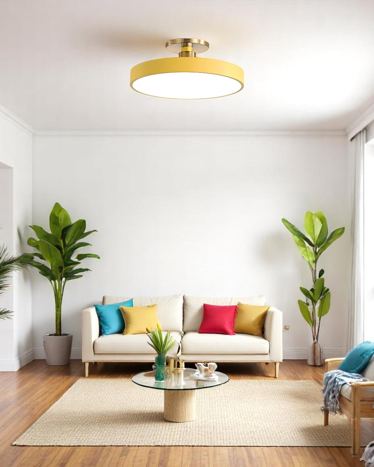 Moderne ronde plafondlamp met goud detail en acryl diffuser – minimalistische semi flush design verlichting voor woonkamer en slaapkamer