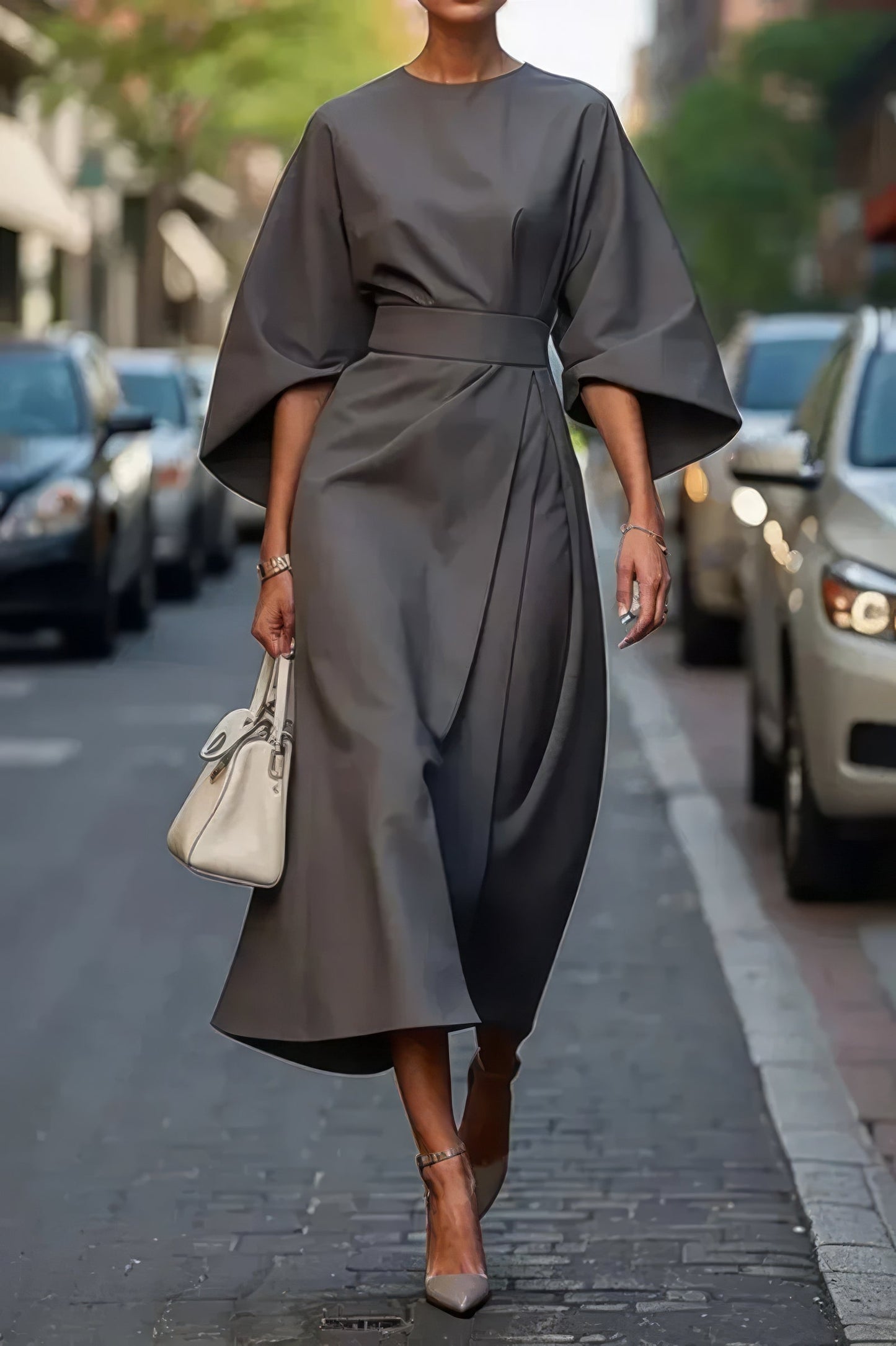 Dames Jurk Elegante Pofmouwen en Tailleceintuur