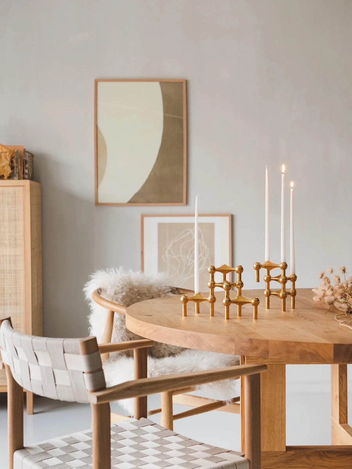 Modulaire design kandelaars set van 3 in massief messing – sculpturale woondecoratie voor tafel en dressoir