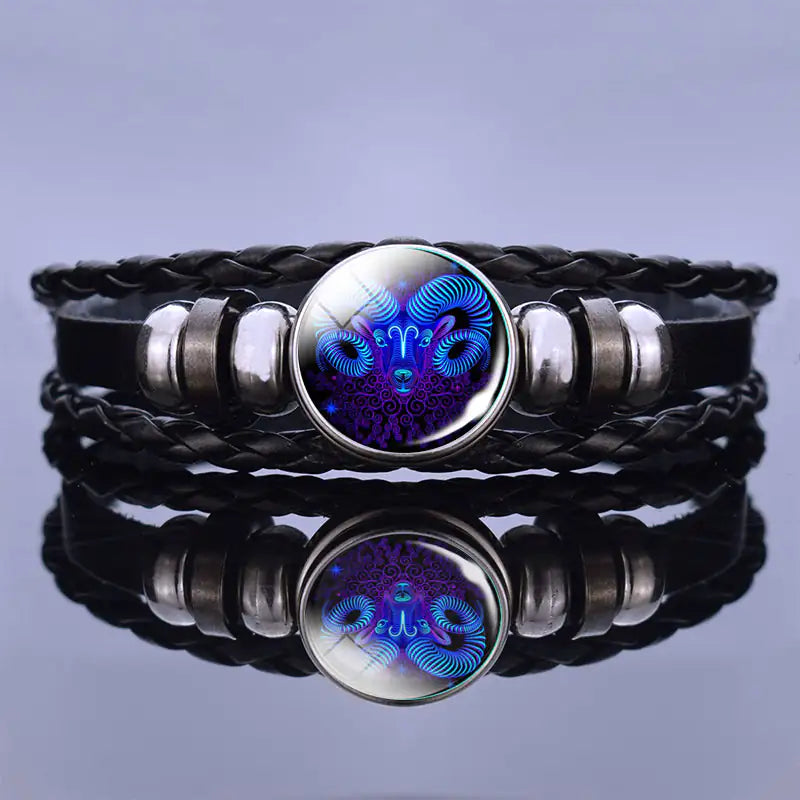 Edelstenen Armband met Sterrenbeeld Symbool Lapis Lazuli Sodaliet Leer Staal Beschermend Spiritueel Sieraad