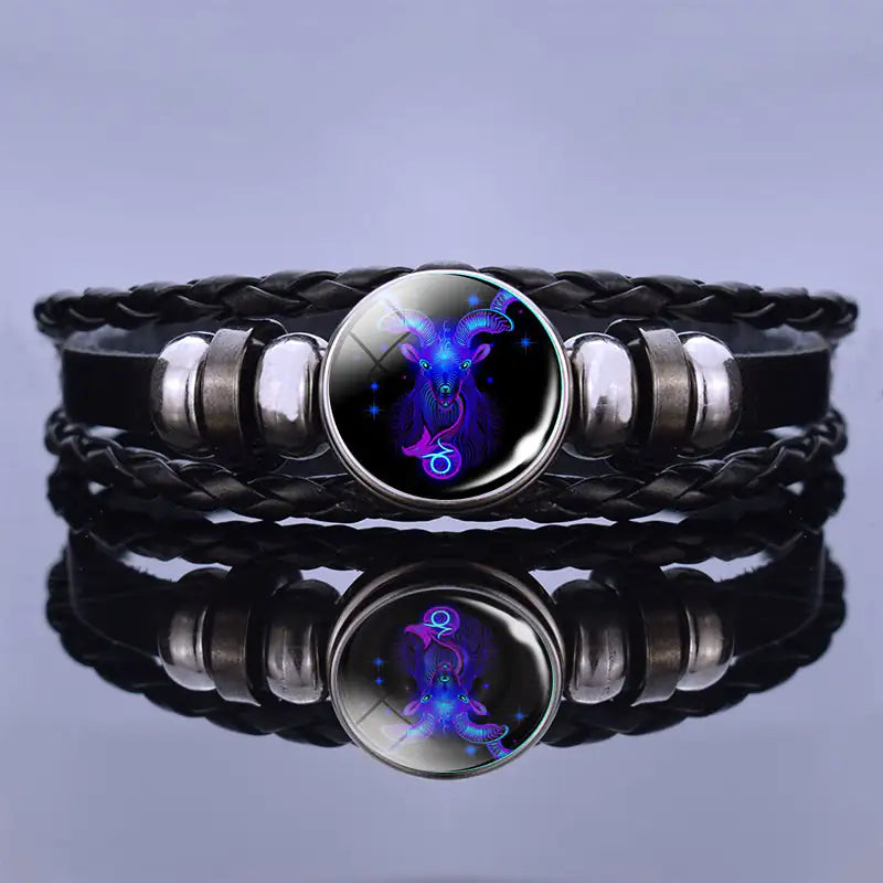 Edelstenen Armband met Sterrenbeeld Symbool Lapis Lazuli Sodaliet Leer Staal Beschermend Spiritueel Sieraad