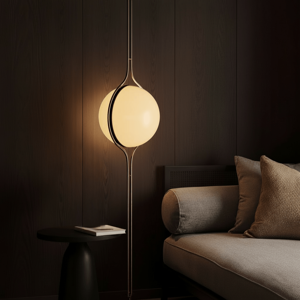 Sculpturale Staande Lamp Met Verticale Lichtkolom En Acryl Bollen