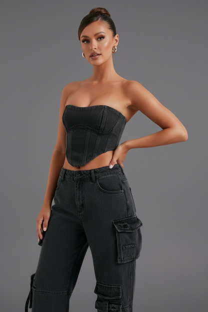 Zwarte denim corset top - andere pose frontaal